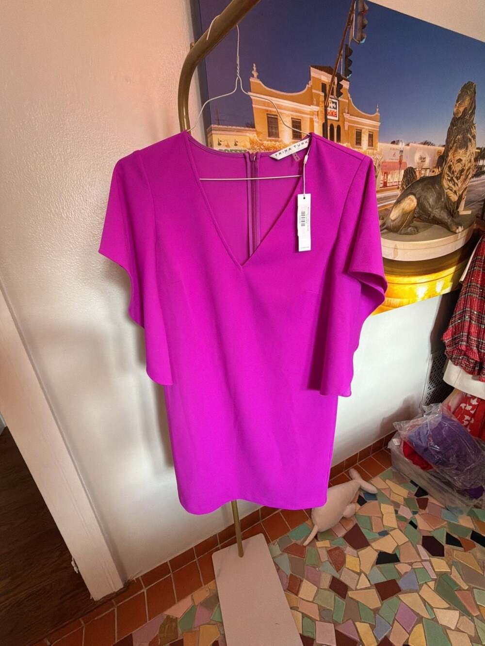 Trina Turk Moore Dress in Violetta Magenta V-Neck Flutter Sleeve Dress